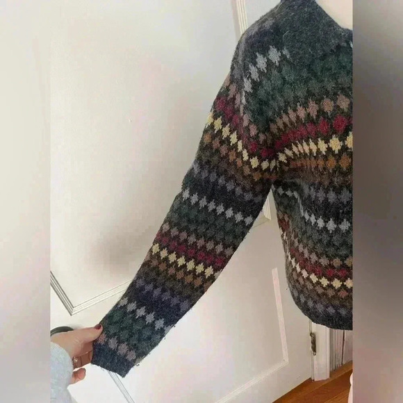 90s Vintage Eclectic Grandpa Coastal Grandma preppy Earthy Fair Isle Cardigan Lg - Picture 6 of 11